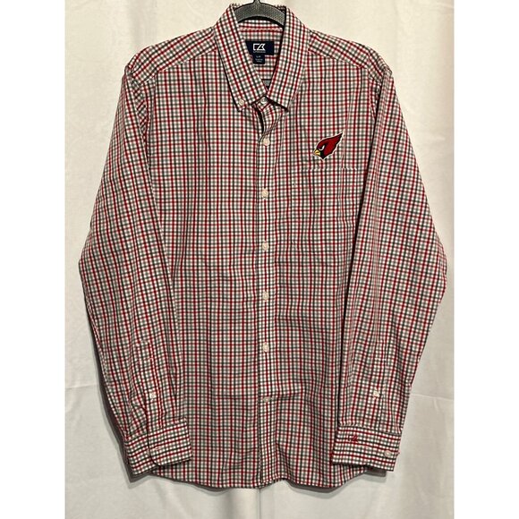 Arizona Cardinals Cutter & Buck Mens Long Sleeve Button-Down Plaid Shirt Red/Whi - Picture 1 of 10